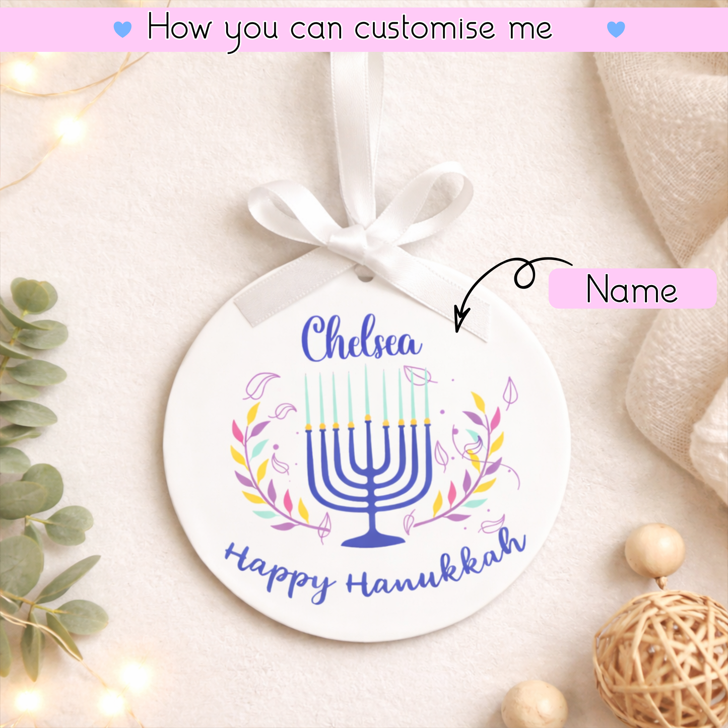 Personalised Hanukkah Ornament | Custom Name Hanukkah Decoration | Menorah Hanging Ornament | Jewish Holiday Gift | Hanukkah Keepsake