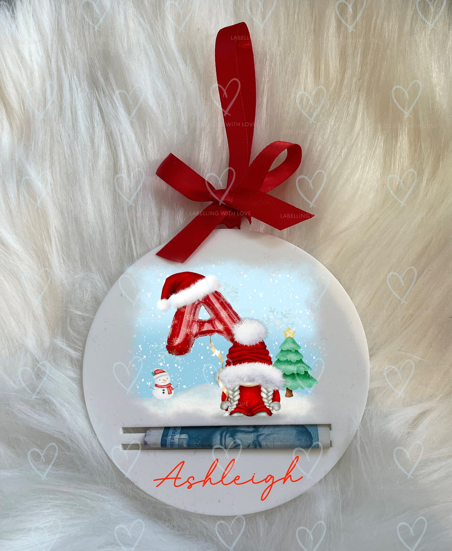 Personalised initial gonk money holder | Christmas money bauble | Reusable acrylic hanging decoration | Gnome alphabet money gift