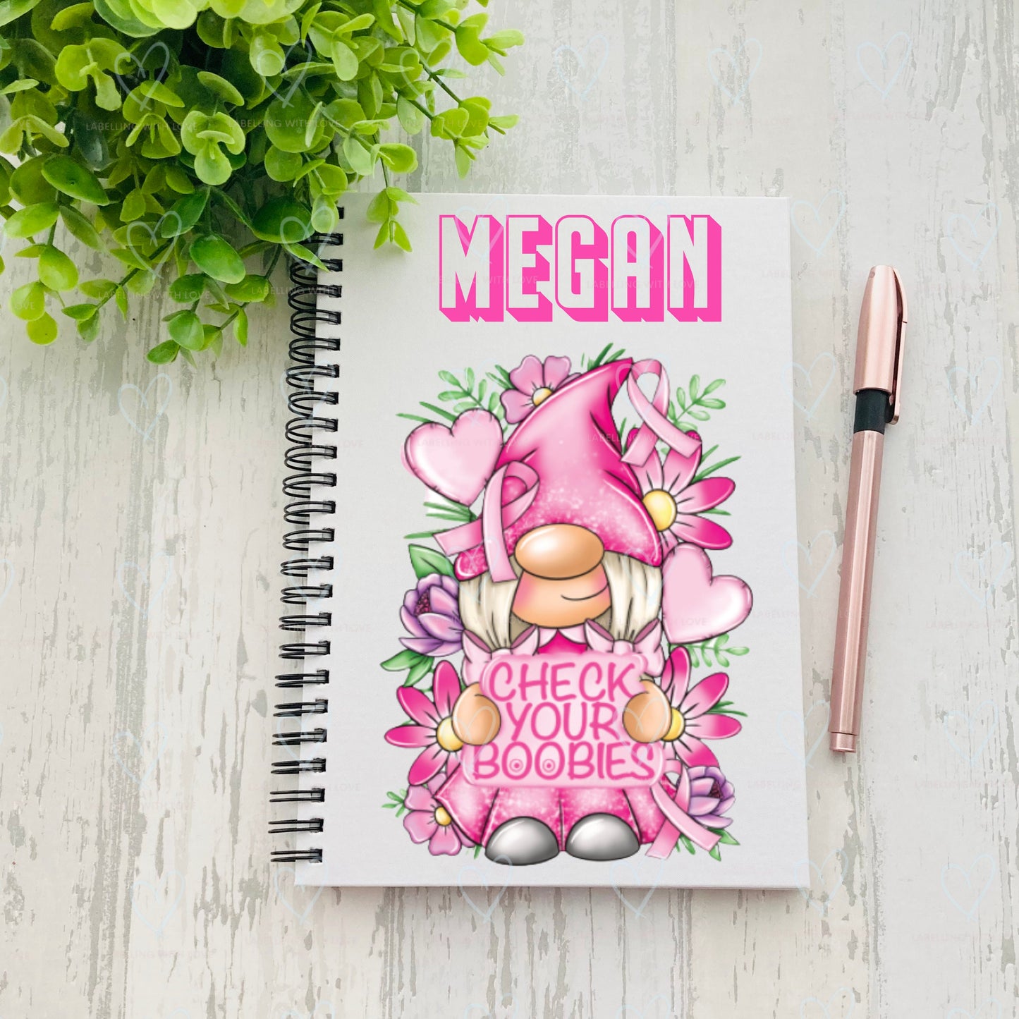 Personalised Gnome notebook | Check your boobies breast cancer notebook | Breast cancer awareness pink ribbon | Breast cancer notebook