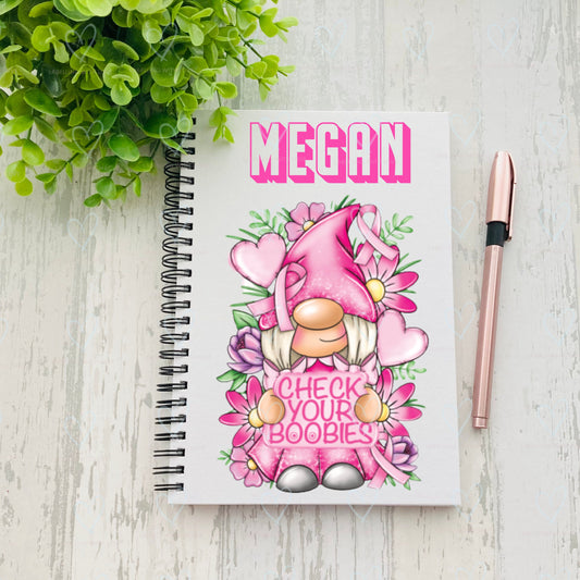 Personalised Gnome notebook | Check your boobies breast cancer notebook | Breast cancer awareness pink ribbon | Breast cancer notebook