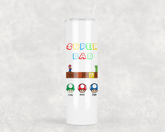 Personalised Super Dad Tumbler | Custom Gaming Dad Gift | 20oz Stainless Steel Tumbler | Father's Day Gift | Personalised Family Tumbler | Super Mario Inspired Cup