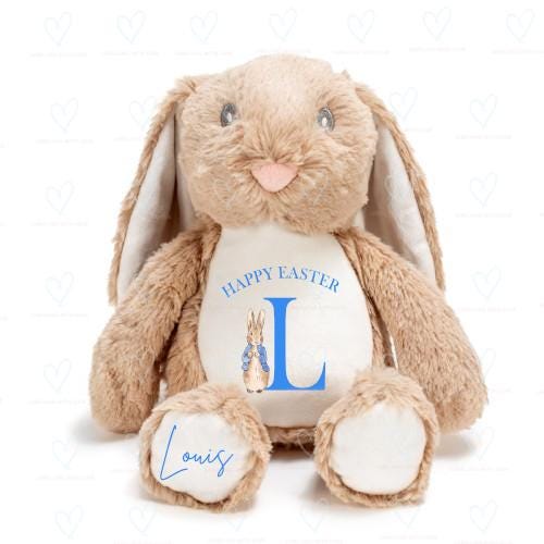 Personalised Easter Bunny Teddy | Custom Bunny Rabbit Plush | Easter Gift for Children | Personalised Soft Toy with Name & Initial | Blue or Pink Design