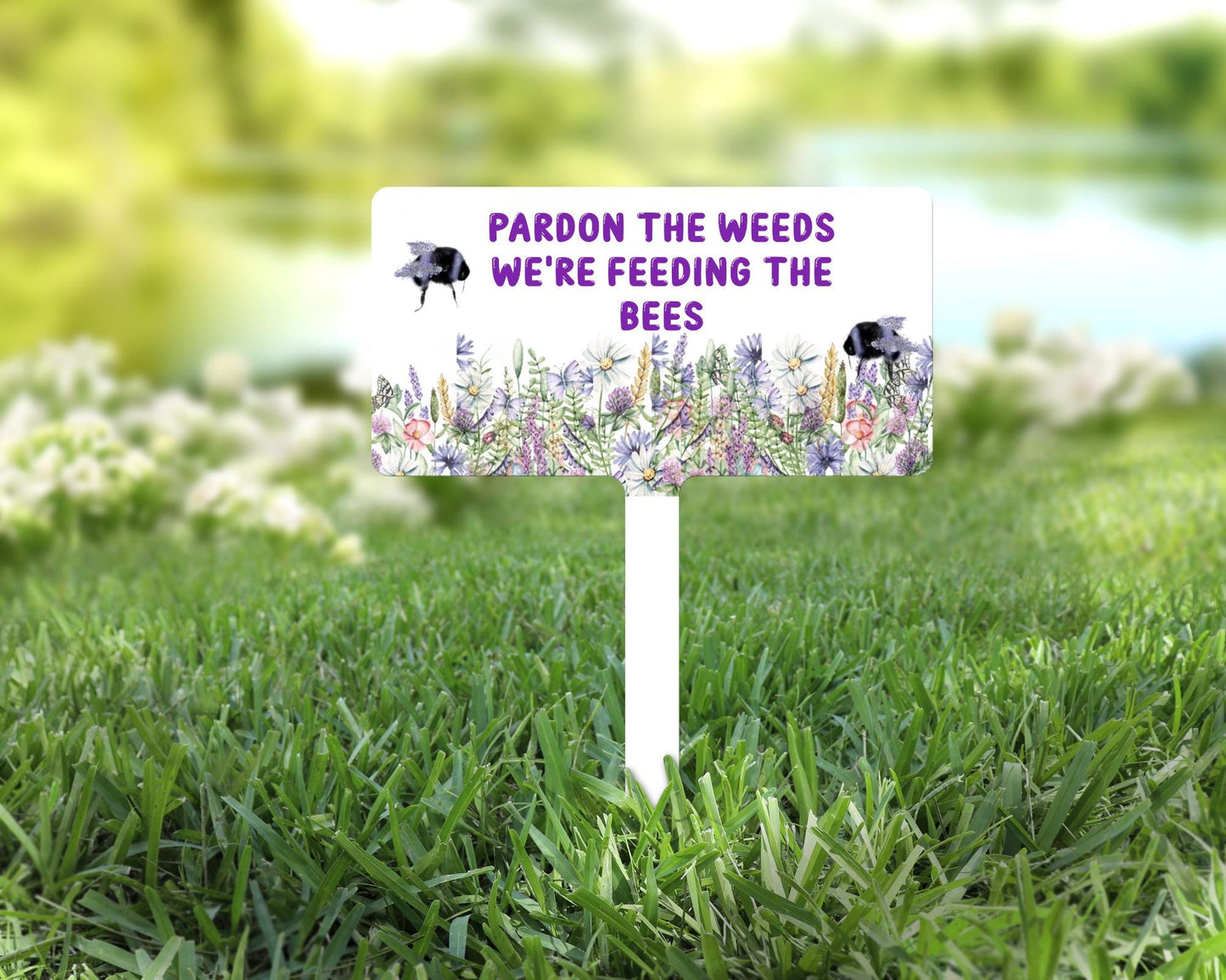 Funny Bee Garden Sign | “Pardon The Weeds We’re Feeding The Bees” Stake | Wildflower Garden Decor | Bee Friendly Lawn Sign | Pollinator Garden Marker