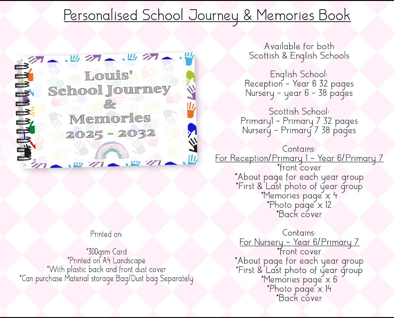 Personalised School Journey & Memories Book | Nursery to School Memory Journal | First & Last Day School Keepsake | English or Scottish School Option
