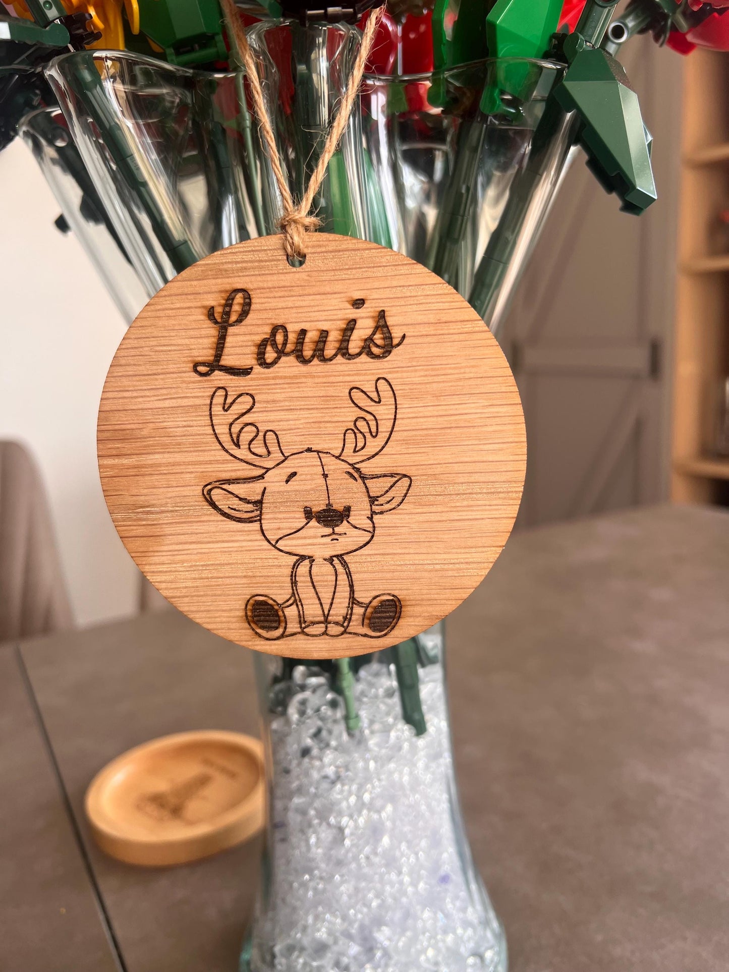 personalised Christmas Decoration | Oak Christmas Tree Decoration with reindeer and name | Oak Christmas Decor