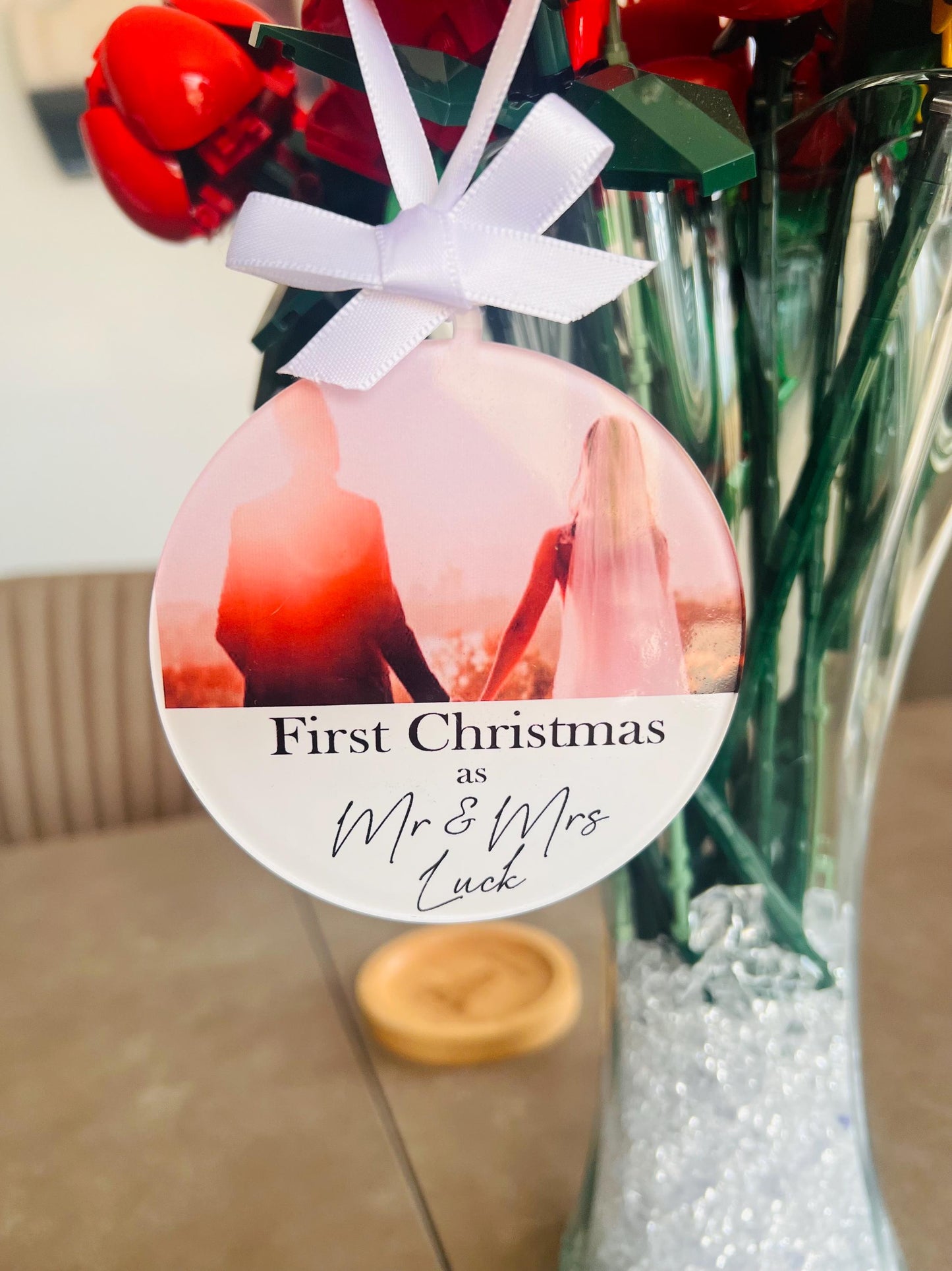 Personalised First Christmas as Mr & Mrs Ornament, Wedding Photo Bauble, Custom Newlywed Christmas Decoration, Keepsake Gift for Couple