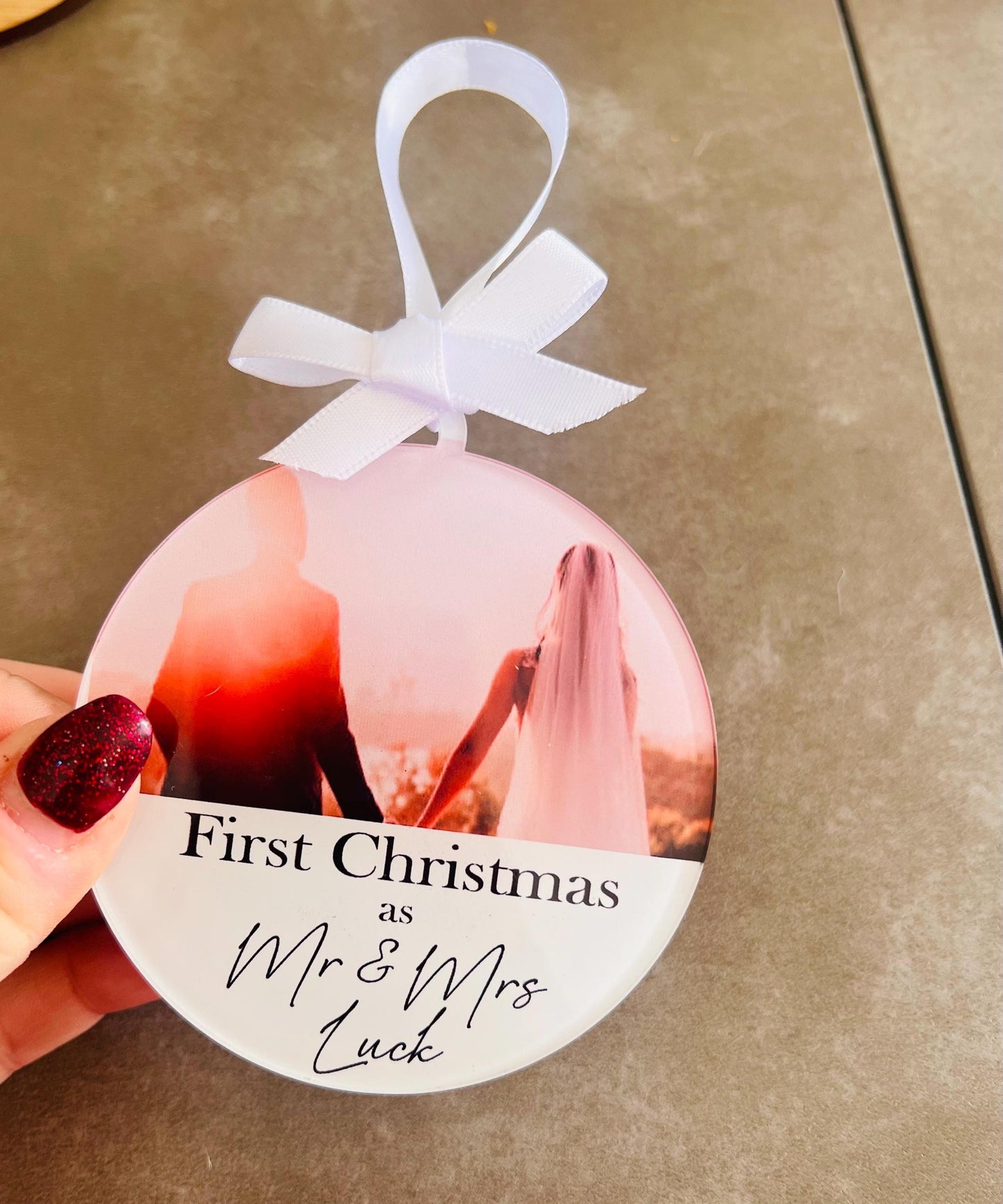 Personalised First Christmas as Mr & Mrs Ornament, Wedding Photo Bauble, Custom Newlywed Christmas Decoration, Keepsake Gift for Couple