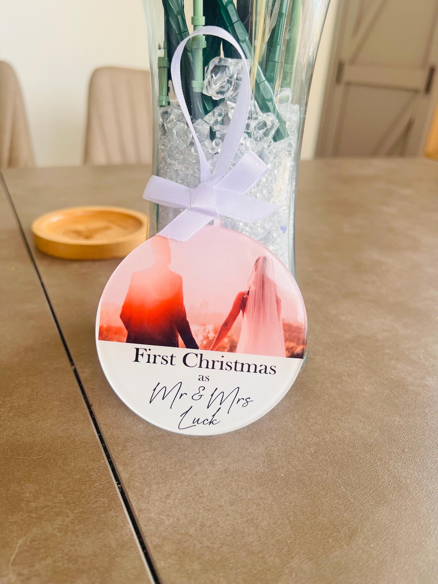 Personalised First Christmas as Mr & Mrs Ornament, Wedding Photo Bauble, Custom Newlywed Christmas Decoration, Keepsake Gift for Couple