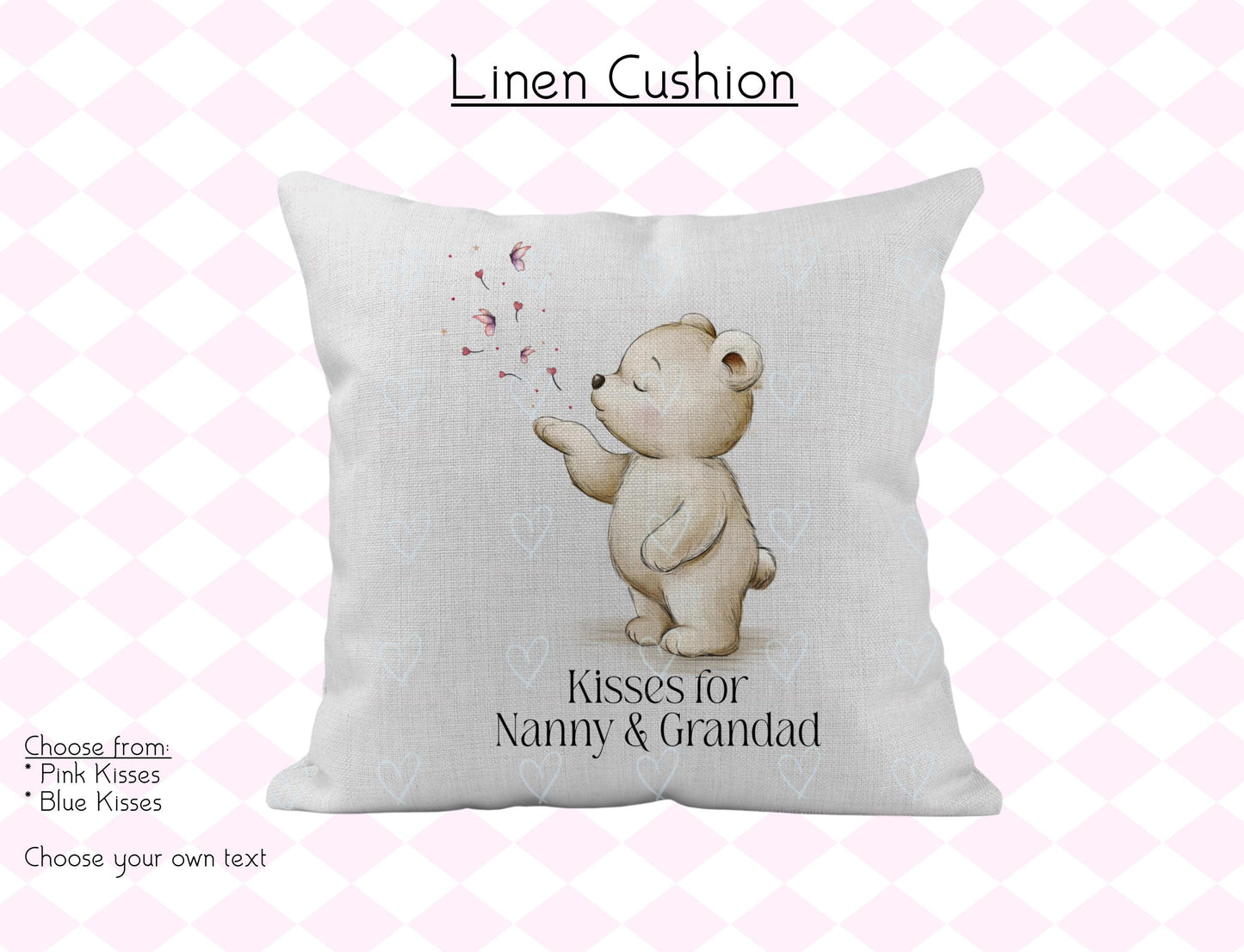 Personalised Bear Linen Cushion | Pink or Blue Kisses, Nursery Decor