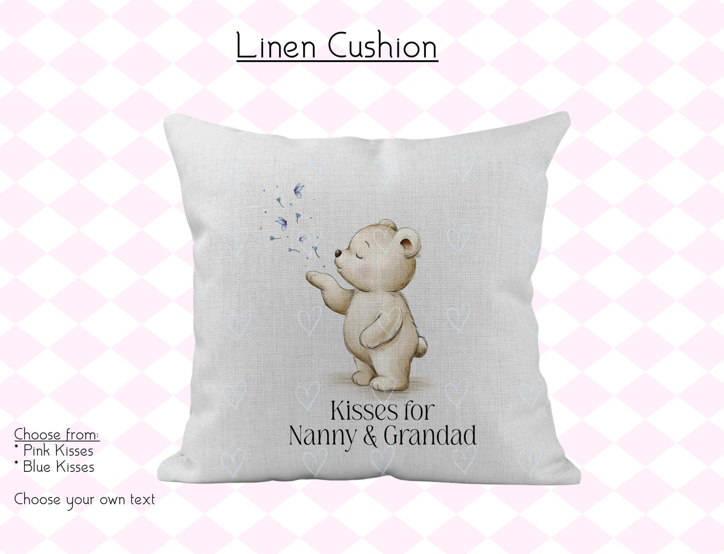 Personalised Bear Linen Cushion | Pink or Blue Kisses, Nursery Decor