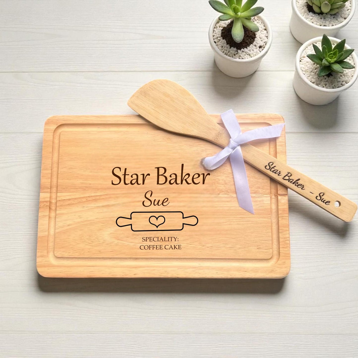 Personalised Engraved Wooden Chopping Board & Spoon Set – Star Baker Gift – Custom Name Kitchen Board – Baking  – Unique Home Gift