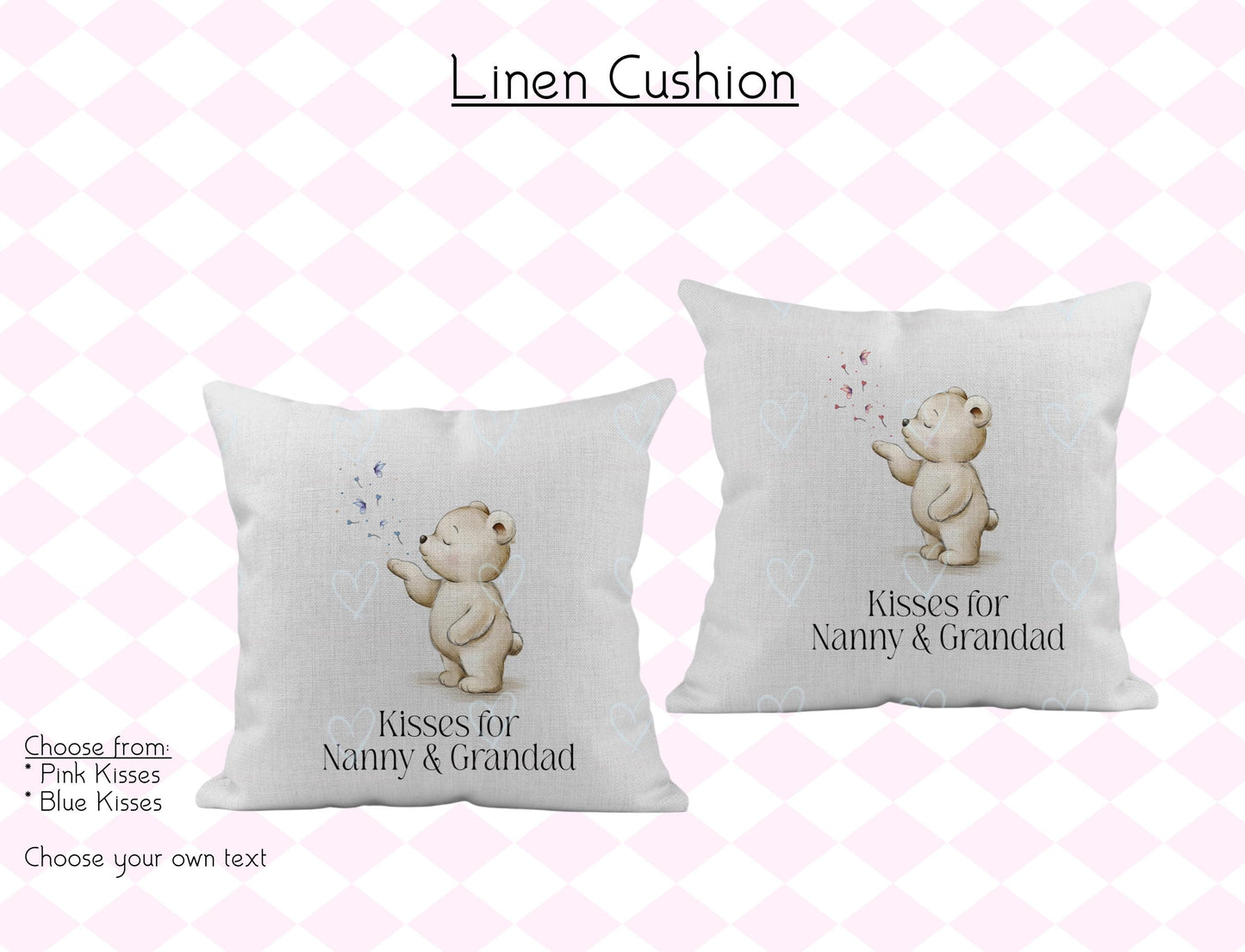 Personalised Bear Linen Cushion | Pink or Blue Kisses, Nursery Decor