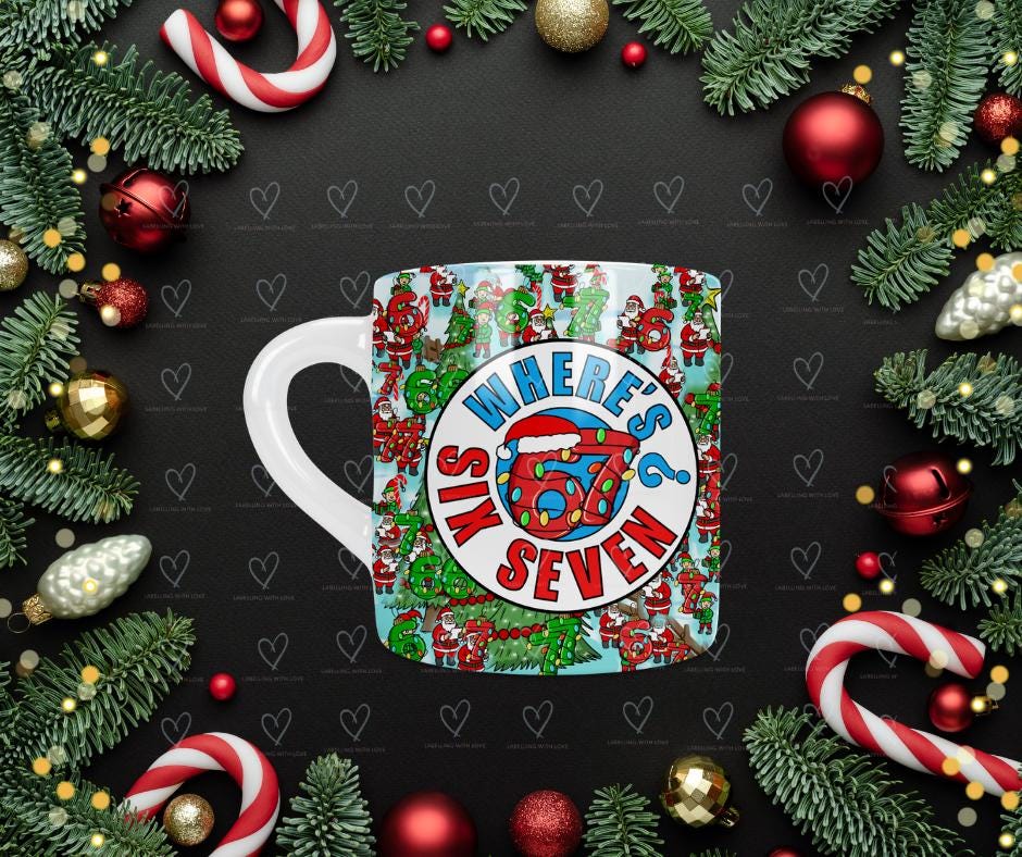 Funny "Where's Six Seven" Christmas Mug • Festive Holiday Puzzle