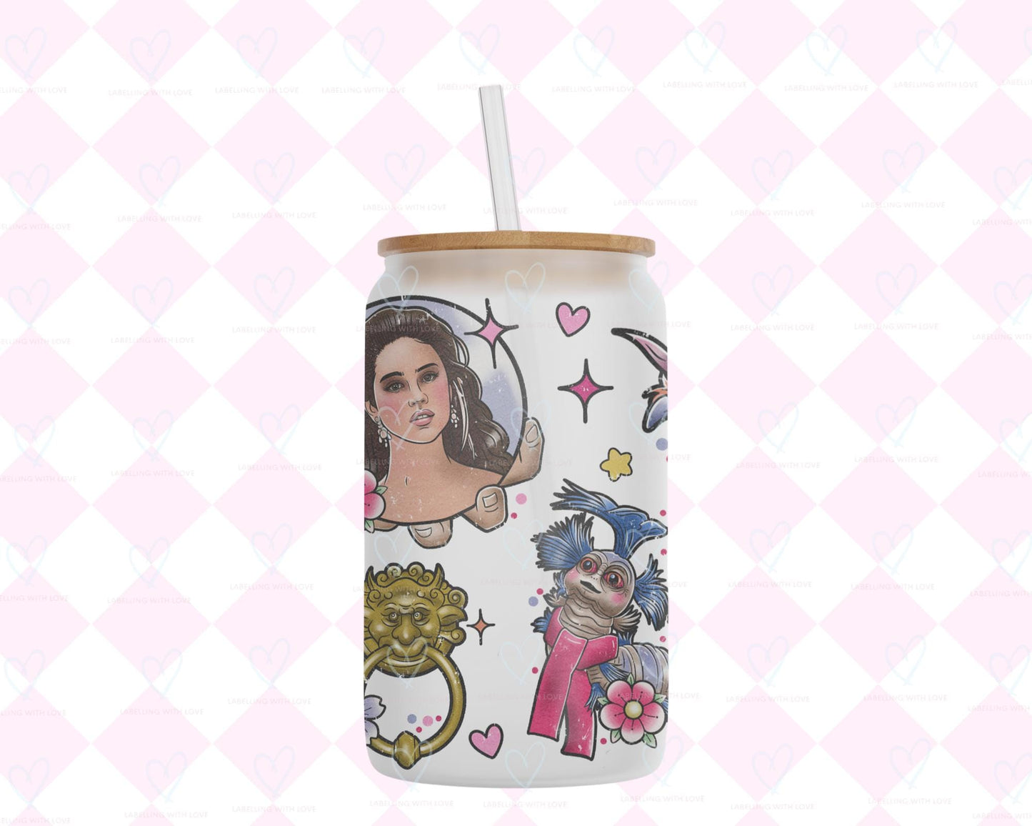 Labyrinth Inspired Frosted Glass Can 18oz | Goblin King Style Cup with Straw | Fantasy Movie Glass | Aesthetic Drinkware Gift UK