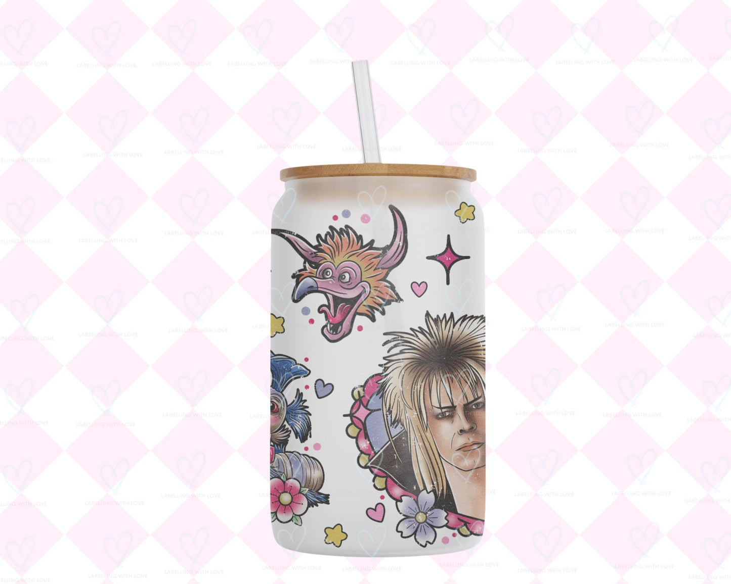Labyrinth Inspired Frosted Glass Can 18oz | Goblin King Style Cup with Straw | Fantasy Movie Glass | Aesthetic Drinkware Gift UK