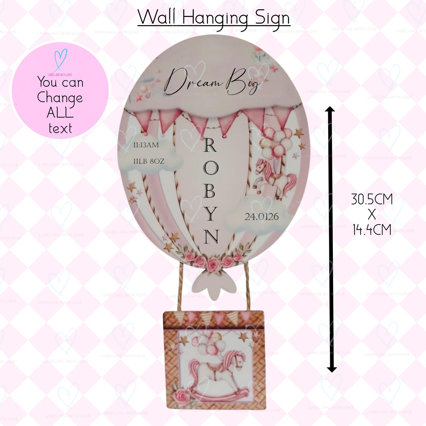 Personalised Hot Air Balloon Nursery Plaque | Baby Birth Announcement Wall Hanging | Custom Baby Name Sign | New Baby Keepsake Gift | Dream Big Decor
