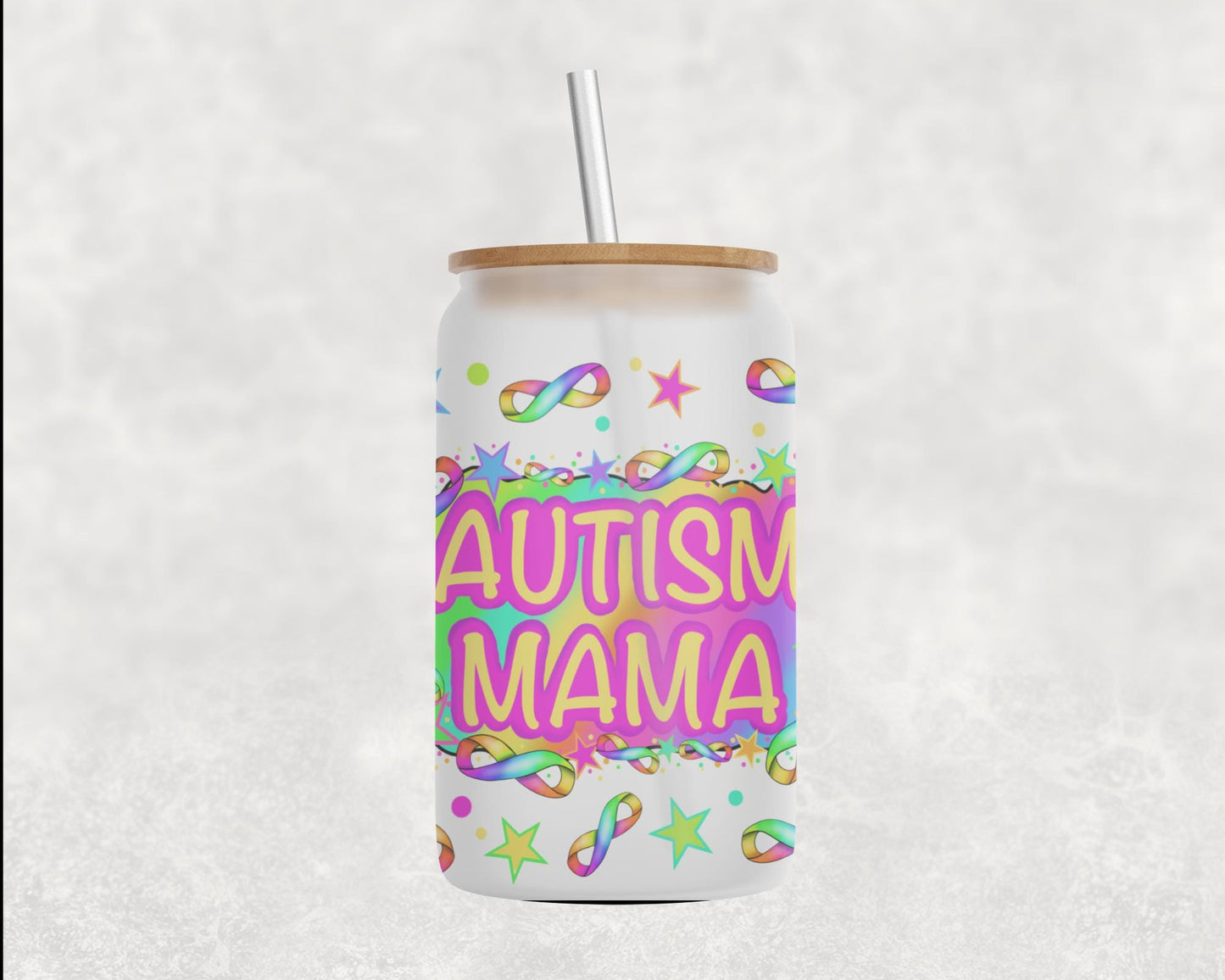 Autism Mama Glass Can, Autism Awareness Tumbler, Neurodiversity Mom Gift, 16oz Libbey Style Cup, Rainbow Support Mug