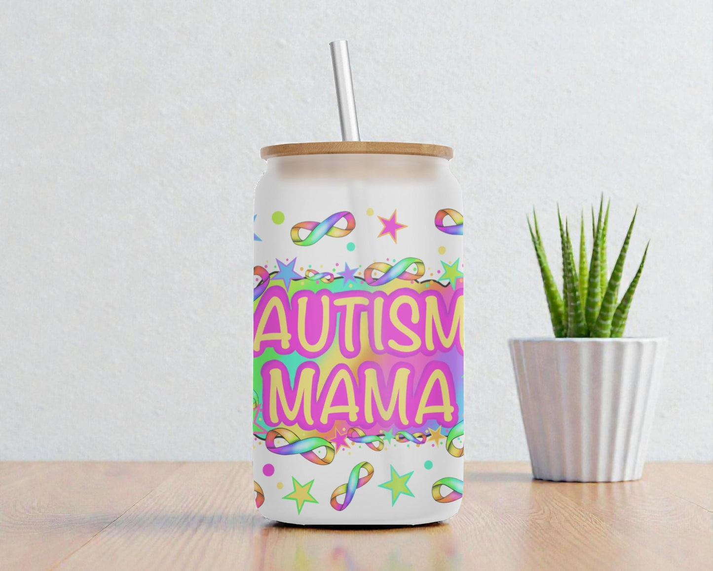 Autism Mama Glass Can, Autism Awareness Tumbler, Neurodiversity Mom Gift, 16oz Libbey Style Cup, Rainbow Support Mug