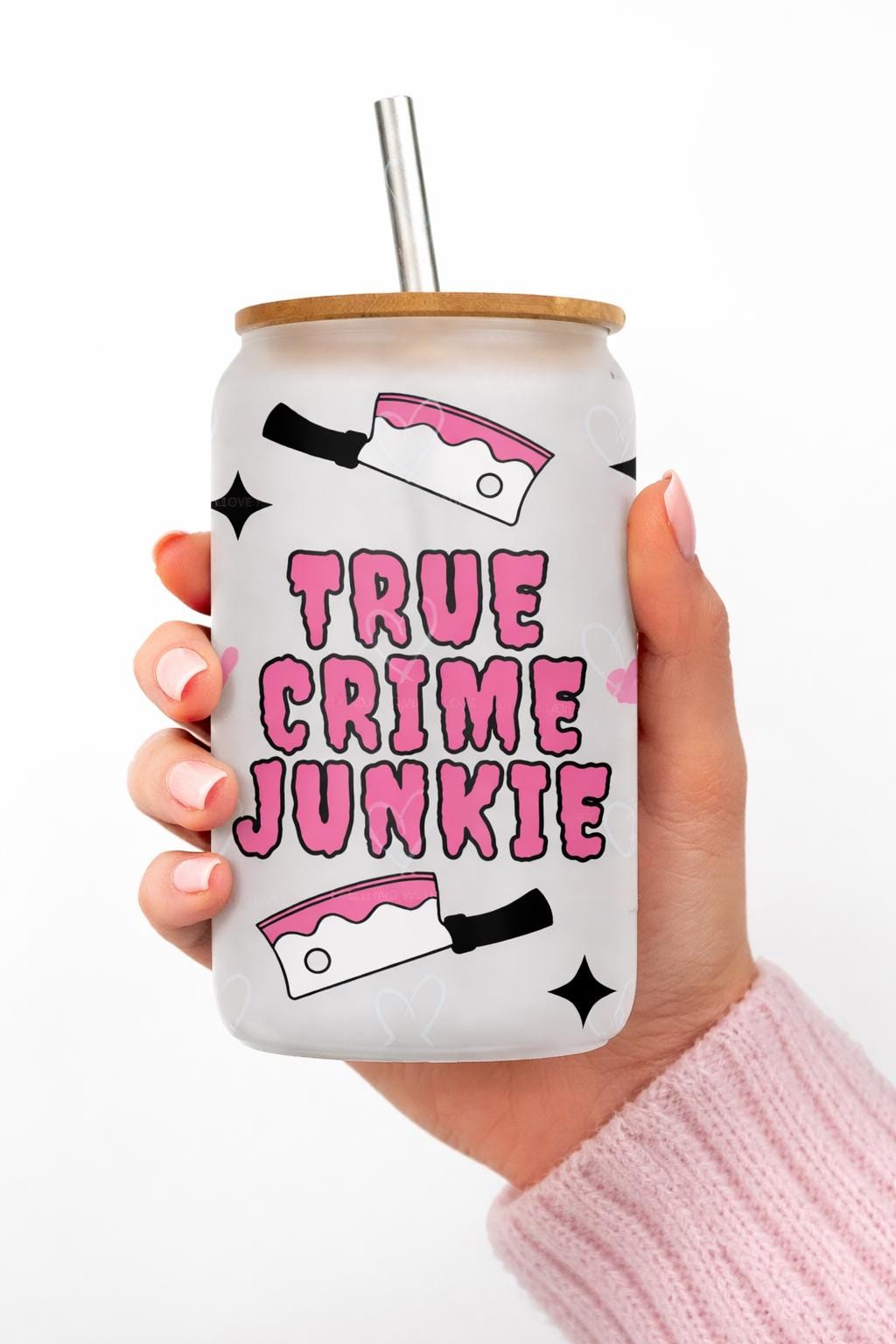 True Crime Junkie Frosted Glass Can, Spooky Podcast Lover Gift