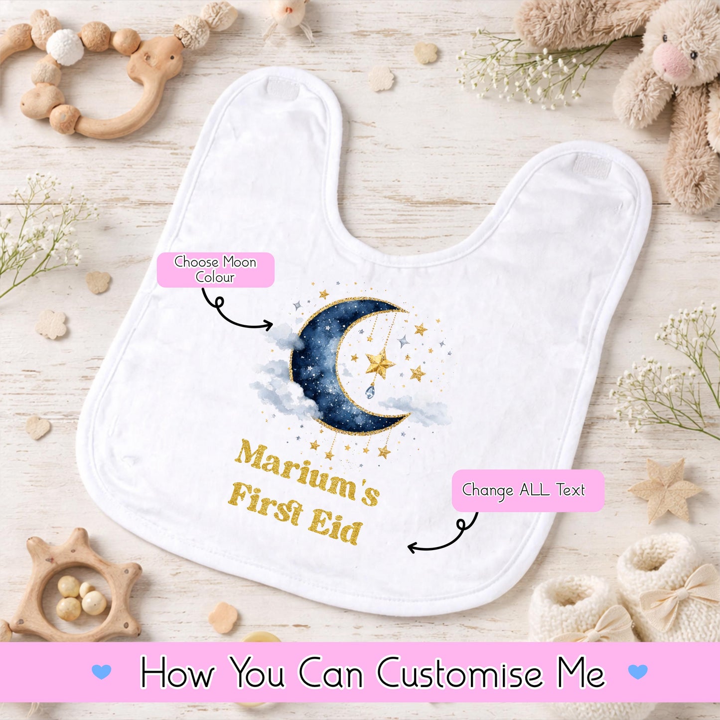 Personalised Baby Bib | Custom First Eid Bib | Islamic Baby Gift | Moon & Stars Baby Feeding Bib | Muslim Baby Keepsake | Eid Baby Present