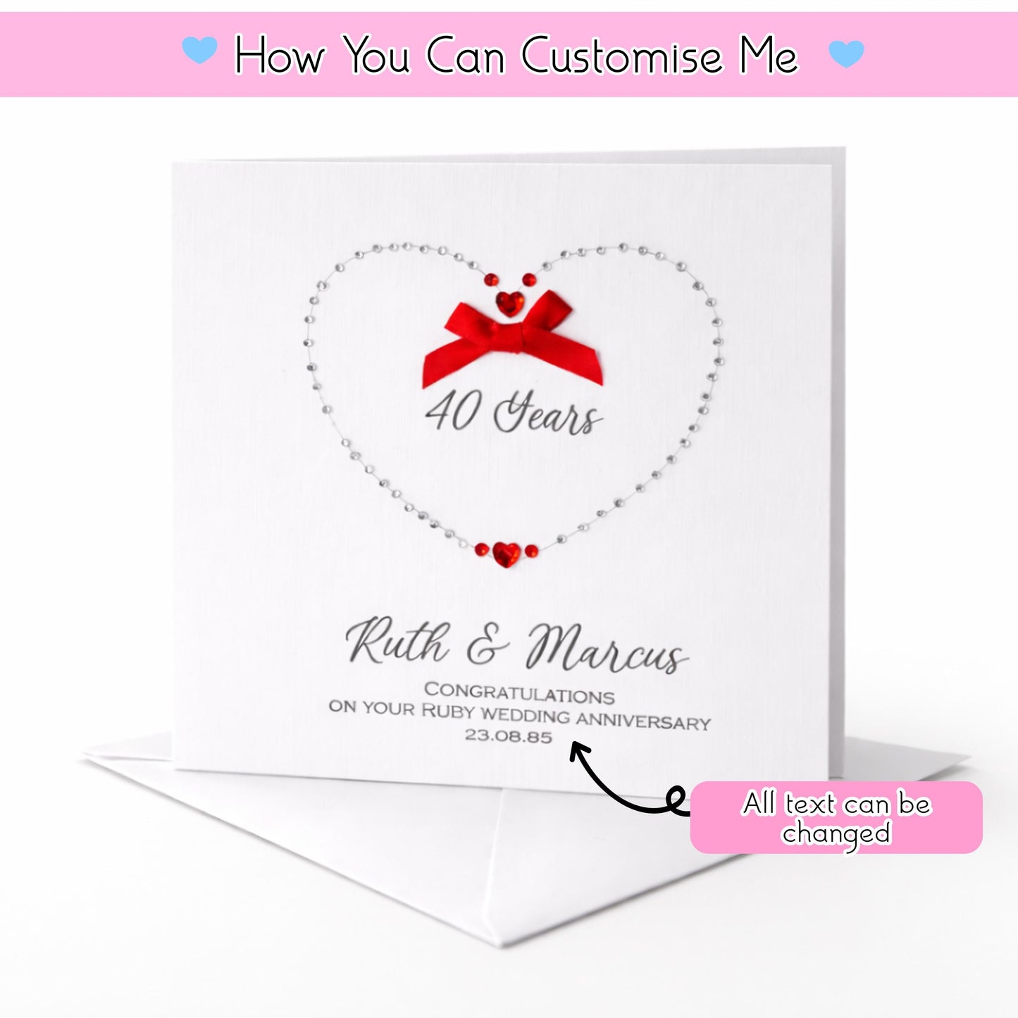 Ruby Wedding Anniversary Card 40 Years – Custom Linen Card – Hand Embellished Heart – Personalised Couple Gift