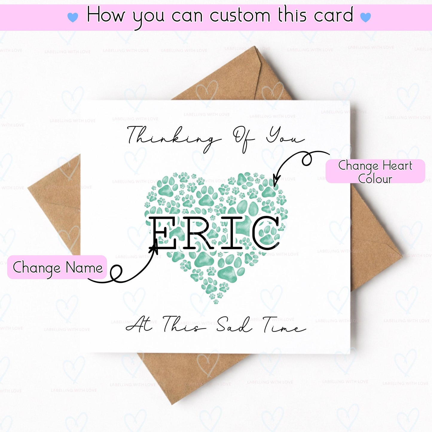 Personalised Pet Loss Card, Custom Dog Memorial Card, Thinking of You Sympathy Card, Paw Print Heart Bereavement Card