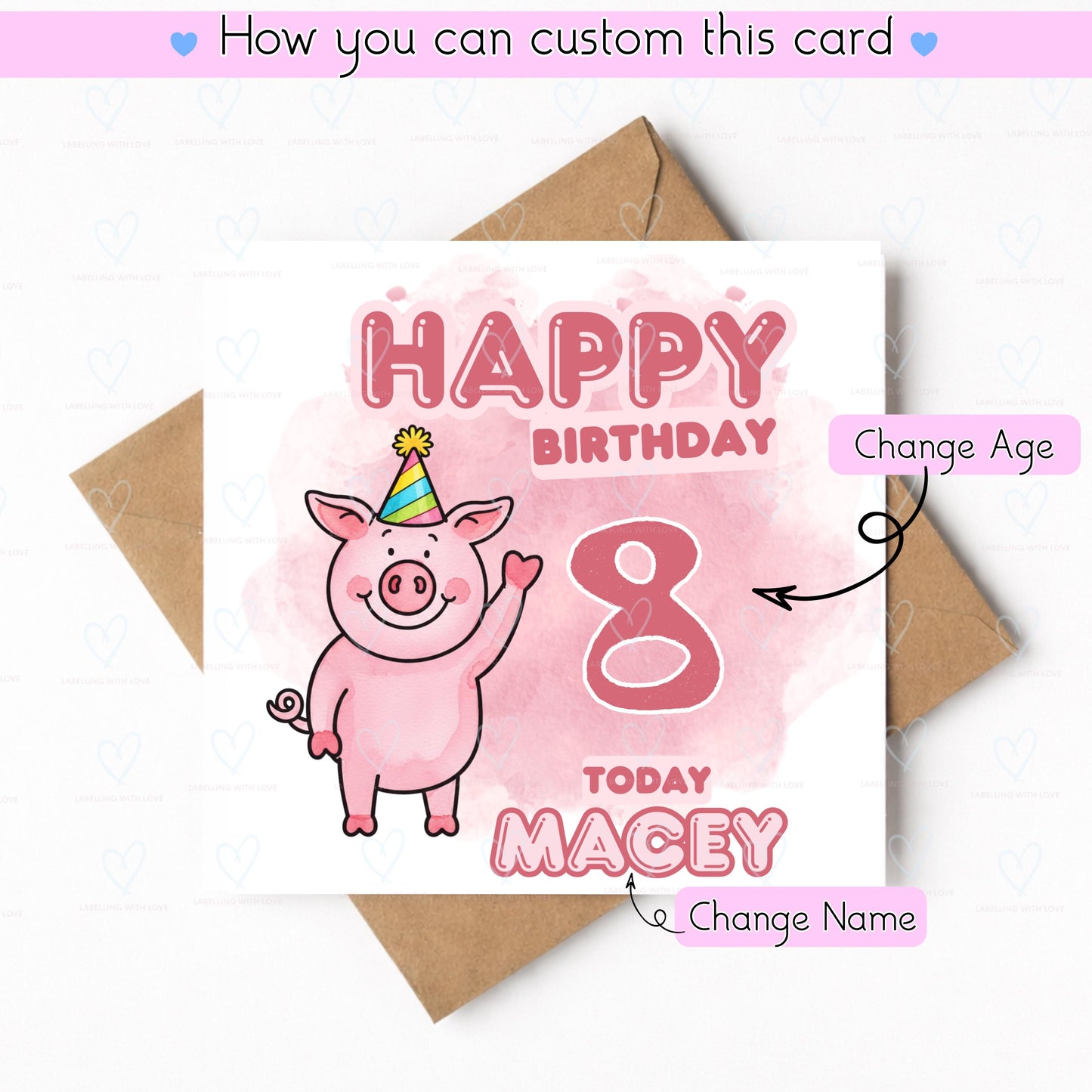 Personalised Percy Pig Birthday Card | Custom age & Name Card for Kids | Cute Pink Pig Party Card | Any Age Girl Birthday Card