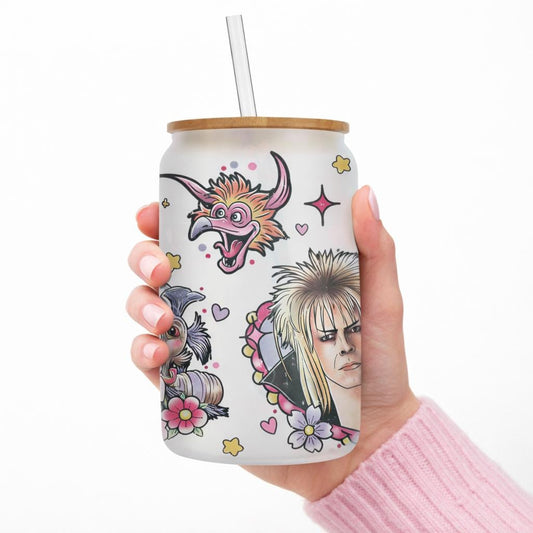 Labyrinth Inspired Frosted Glass Can 18oz | Goblin King Style Cup with Straw | Fantasy Movie Glass | Aesthetic Drinkware Gift UK