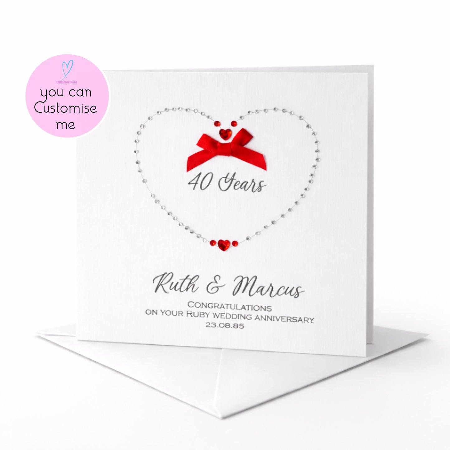 Ruby Wedding Anniversary Card 40 Years – Custom Linen Card – Hand Embellished Heart – Personalised Couple Gift