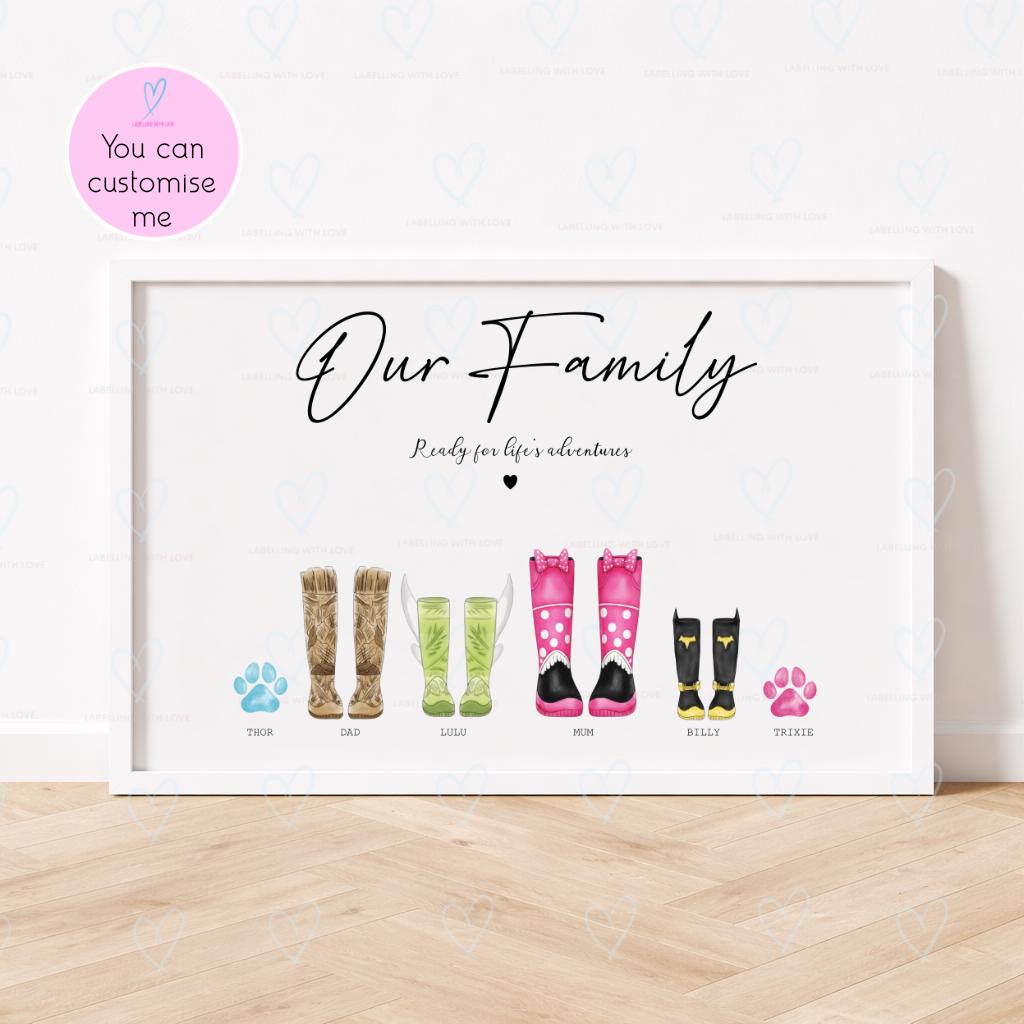 Personalised Family Welly Boot Print with Dogs, Custom Wellington Boot Family Portrait, Mum Dad Kids Pet Wellies Wall Art, Family Name Gift