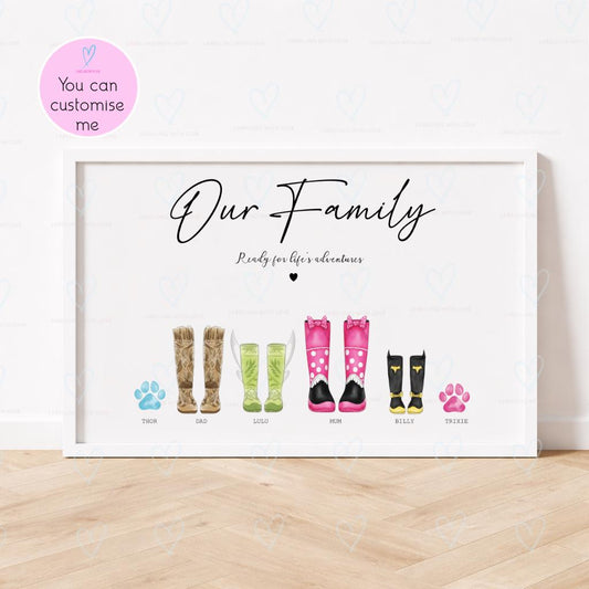 Personalised Family Welly Boot Print with Dogs, Custom Wellington Boot Family Portrait, Mum Dad Kids Pet Wellies Wall Art, Family Name Gift