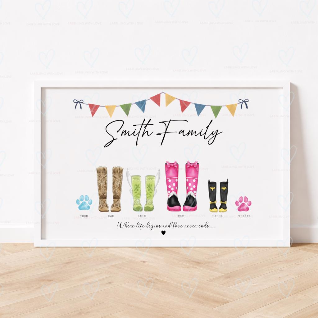 Personalised Family Welly Boot Print with Dogs, Custom Wellington Boot Family Portrait, Mum Dad Kids Pet Wellies Wall Art, Family Name Gift