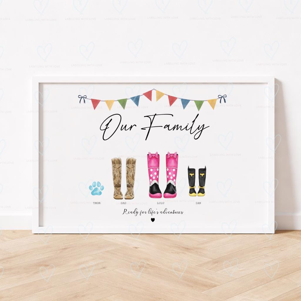 Personalised Family Welly Boot Print with Dogs, Custom Wellington Boot Family Portrait, Mum Dad Kids Pet Wellies Wall Art, Family Name Gift