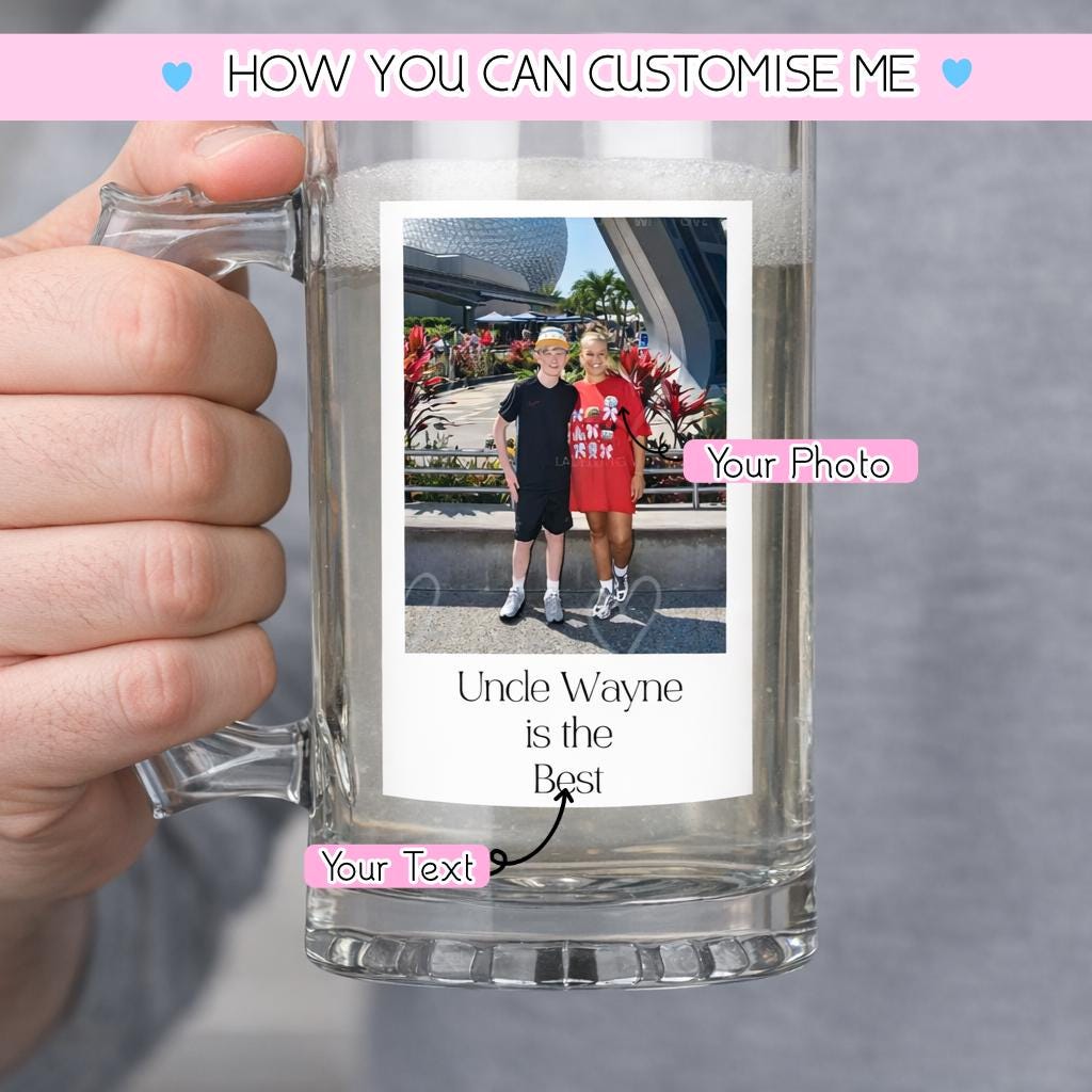Personalised Photo Beer Tankard | Custom Photo Glass Beer Mug | Uncle Gift | Fathers Day Beer Stein | Photo Pint Glass | Beer Birthday Gift