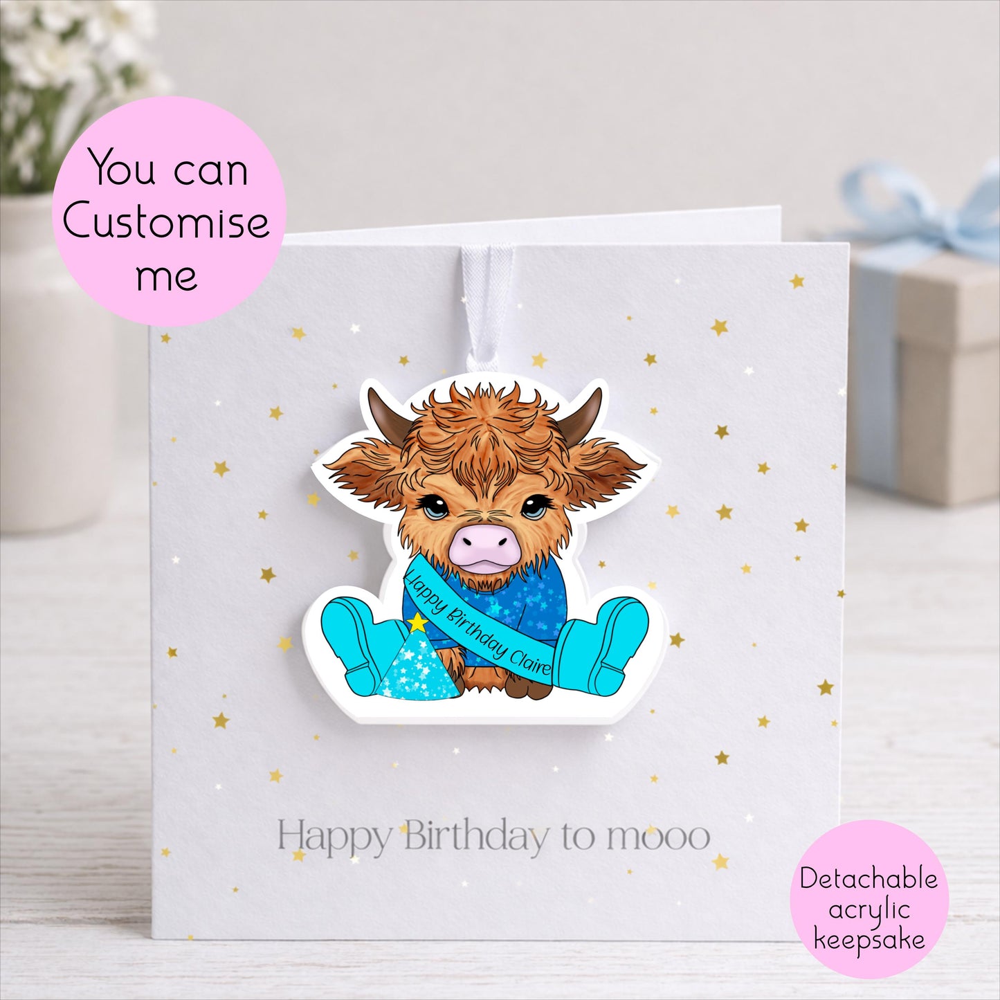 Personalised Highland Cow Birthday Card with Detachable Keepsake | Custom Card | Cute Cow Card Keepsake | Unique Keepsake Birthday Card