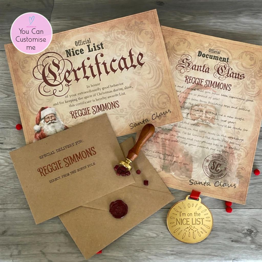 Personalised Christmas List Certificate & Letter | Santa Medal,Wax Seal Envelope | Black or White Santa | Christmas Eve Box Gift for Kids