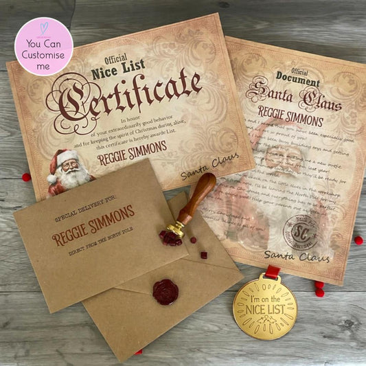 Personalised Christmas List Certificate & Letter | Santa Medal,Wax Seal Envelope | Black or White Santa | Christmas Eve Box Gift for Kids