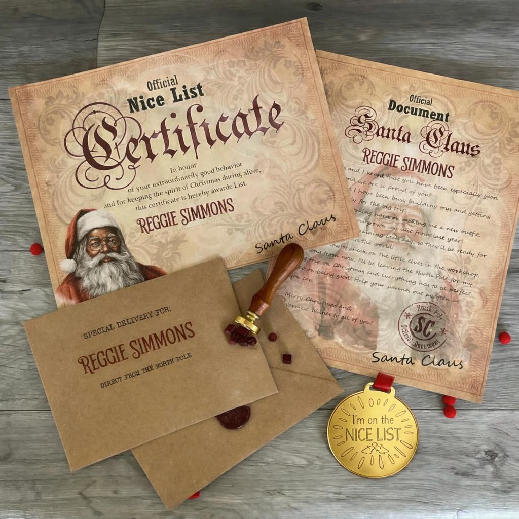 Personalised Christmas List Certificate & Letter | Santa Medal,Wax Seal Envelope | Black or White Santa | Christmas Eve Box Gift for Kids