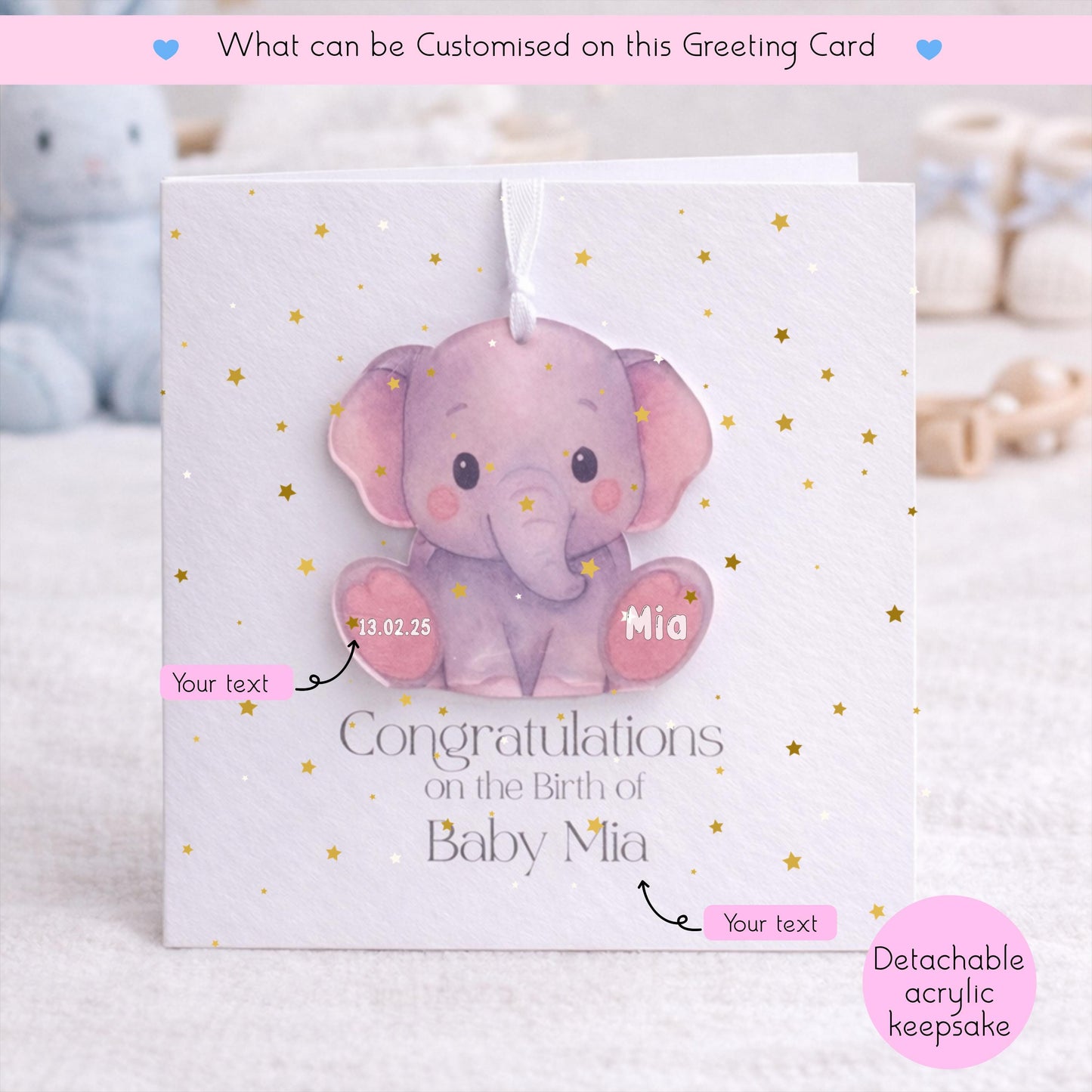 Personalised New Baby Card with Detachable Keepsake, Baby Elephant Card, New Baby Gift, Custom Baby Name Card, Baby Shower Card UK