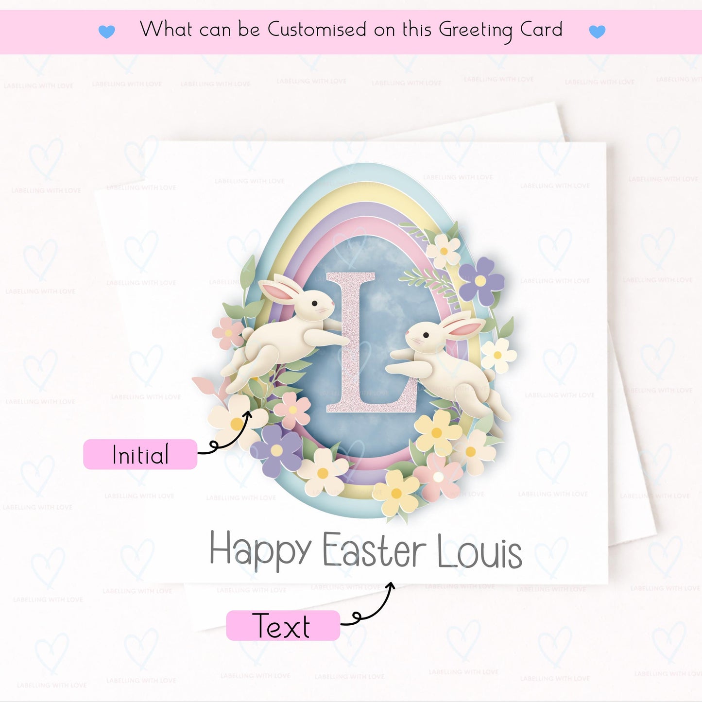 Personalised Easter Card with Initial & Name | Bunny Alphabet Easter Card | Custom Kids Easter Card | Cute Spring Greeting Card