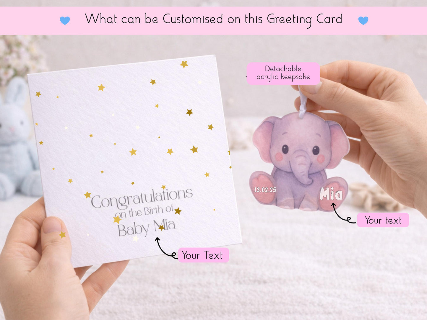 Personalised New Baby Card with Detachable Keepsake, Baby Elephant Card, New Baby Gift, Custom Baby Name Card, Baby Shower Card UK