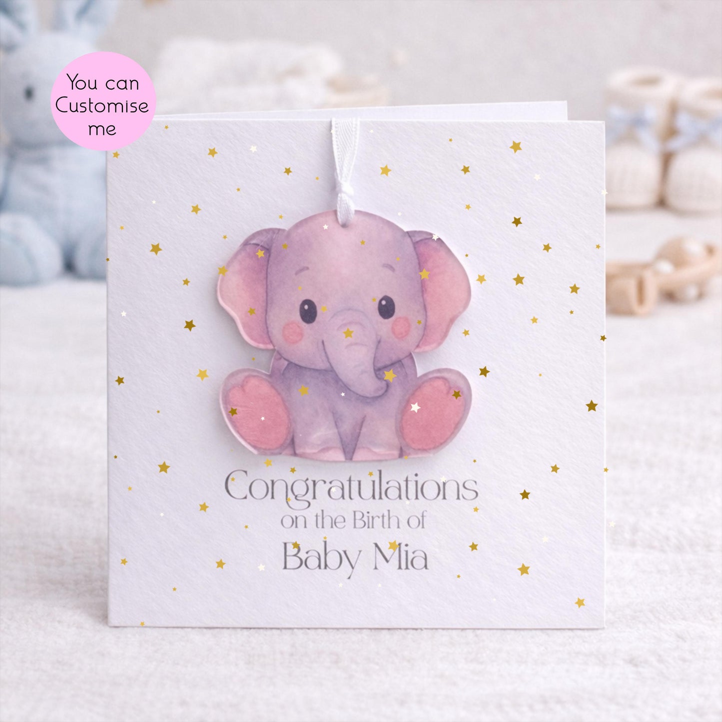 Personalised New Baby Card with Detachable Keepsake, Baby Elephant Card, New Baby Gift, Custom Baby Name Card, Baby Shower Card UK