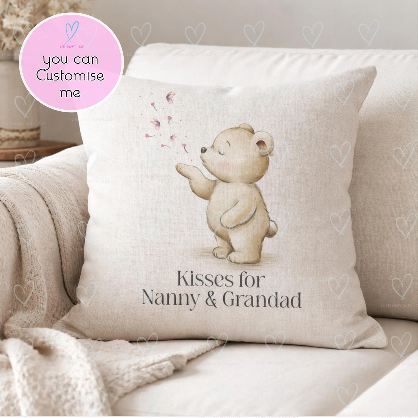 Personalised Bear Linen Cushion | Pink or Blue Kisses, Nursery Decor