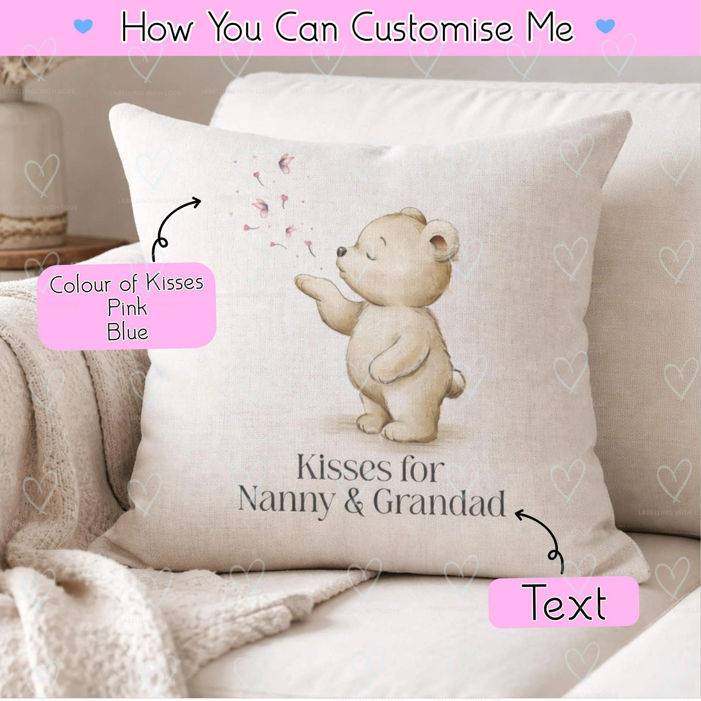 Personalised Bear Linen Cushion | Pink or Blue Kisses, Nursery Decor
