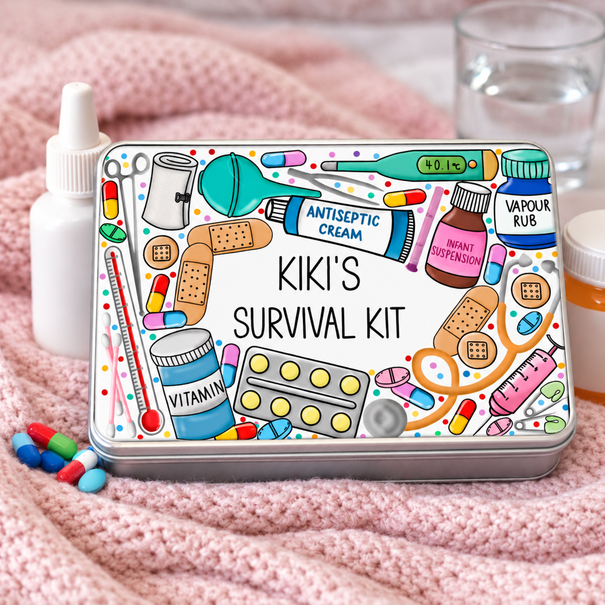 Personalised Survival Kit Tin – Custom Name Medicine & Essentials Storage Box