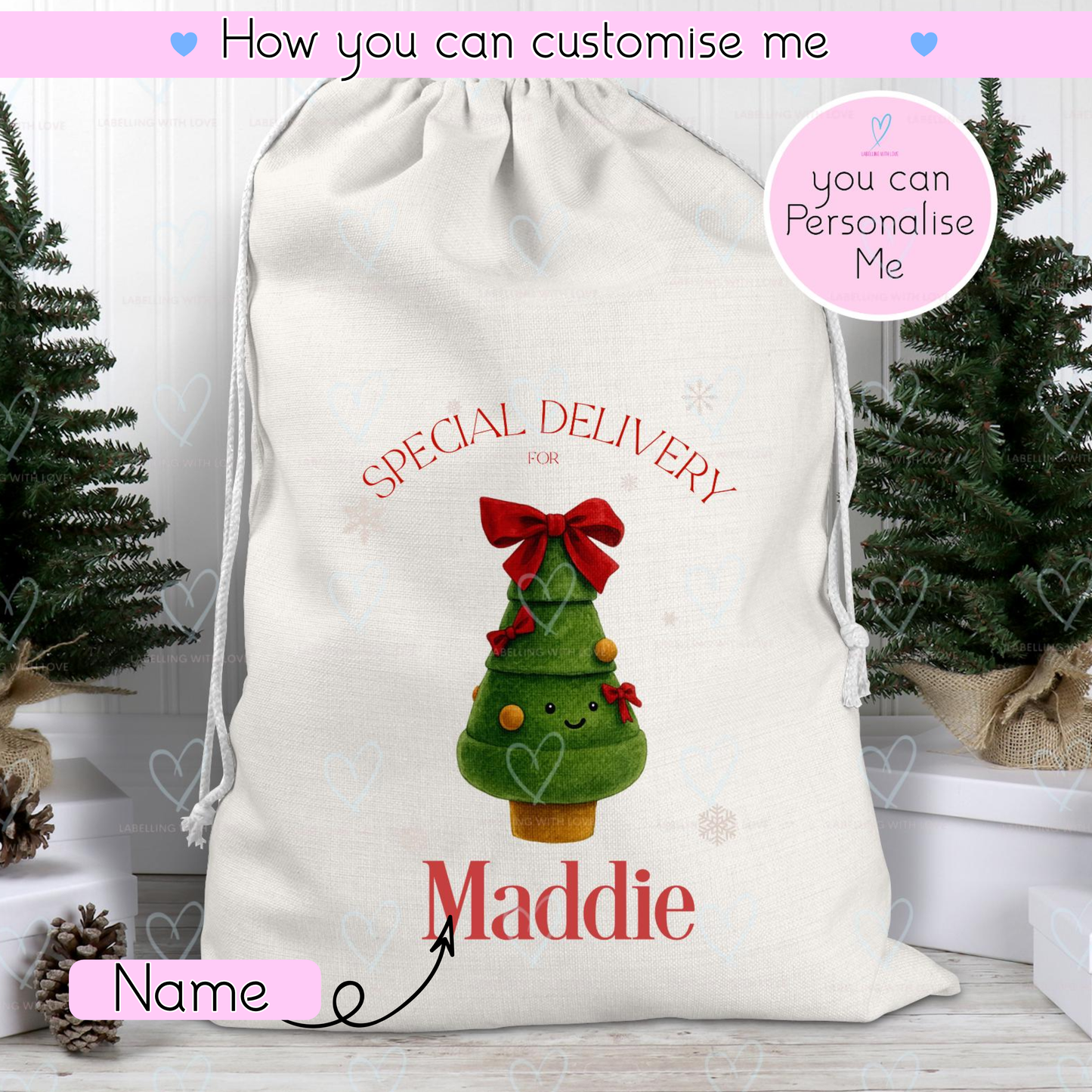 Personalised Christmas Sack, Custom Name Xmas Sack, Christmas Eve Bag, Special Delivery Sack, Linen Santa Sack, Jellycat-Inspired Gift Bag