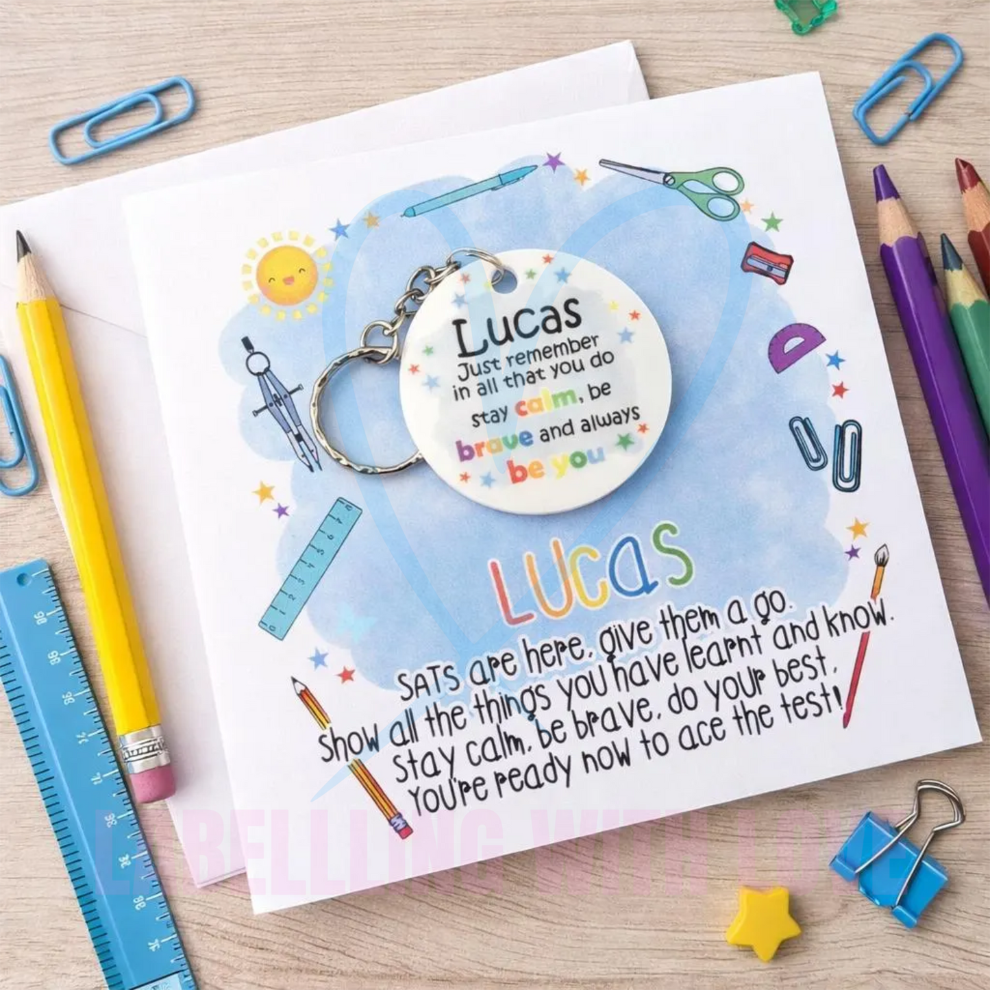 Personalised SATs Good Luck Card with Keyring Keepsake | Exam Encouragement Gift for Kids | Stay Calm Be Brave Gift | Custom Name Card