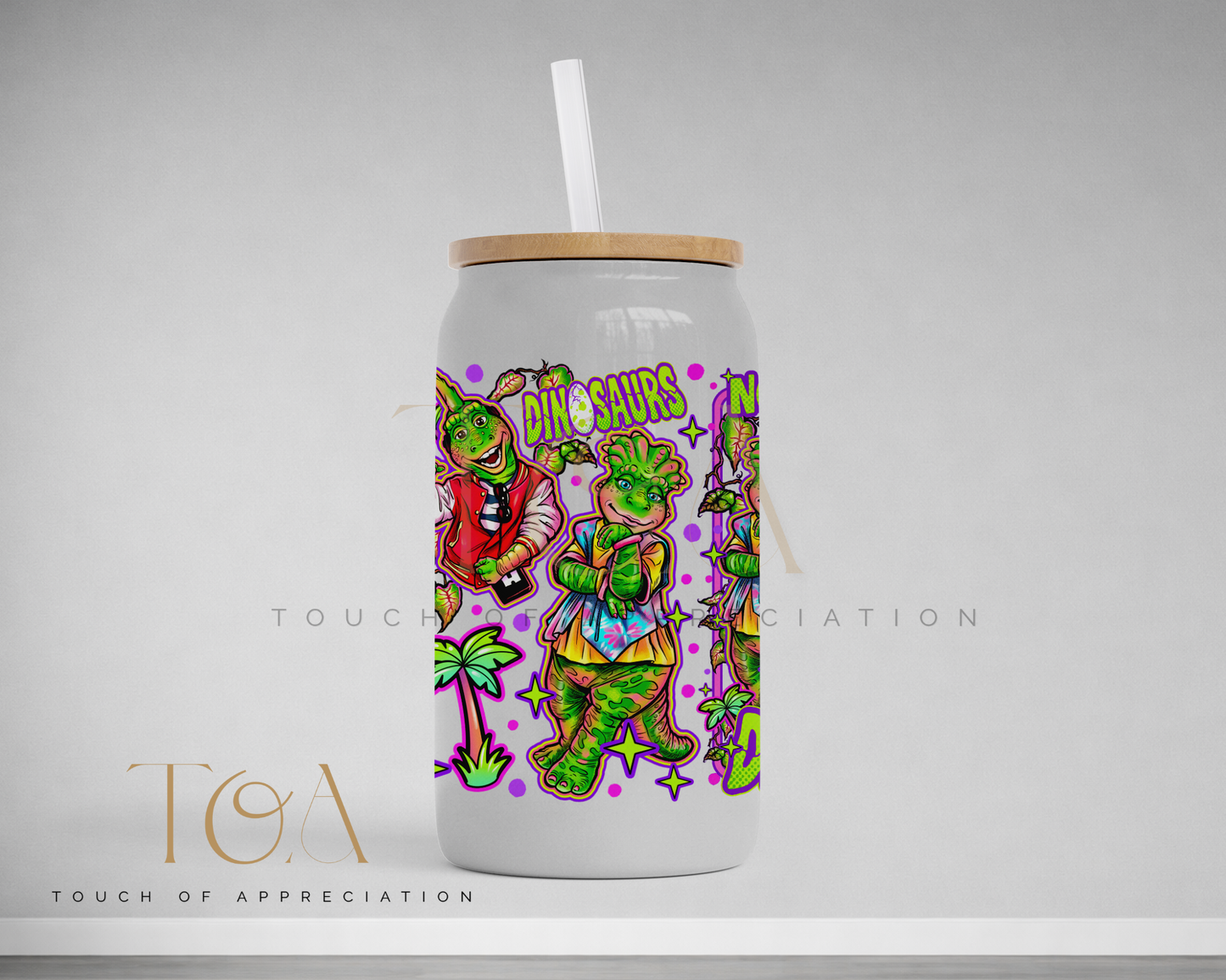90s Dinosaur Inspired 16oz Glass Can