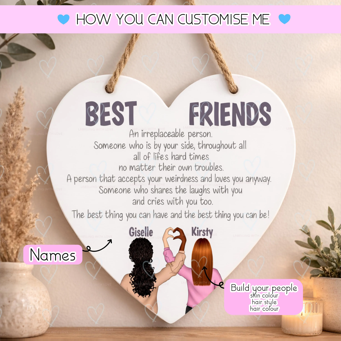 Personalised Best Friend Plaque | Custom Best Friends Gift | Friendship Heart Sign | Bestie Birthday Gift | Personalised Friend Keepsake