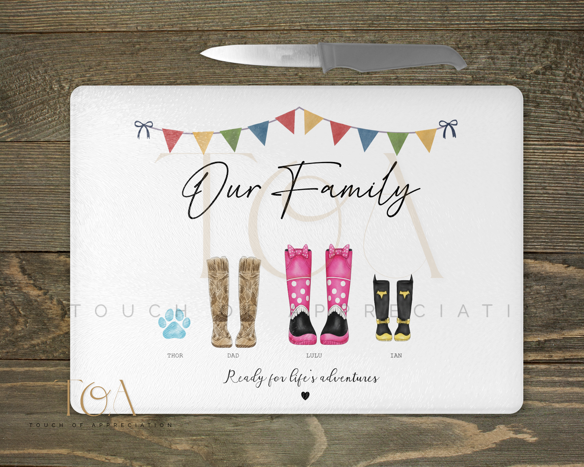 Personalised Family Welly Boot Glass Chopping Board